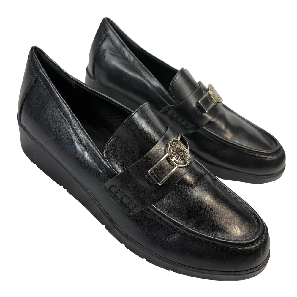 Anne Klein AKqamari Black Leather Loafers 10M Wedge Heel Preppy Chic